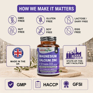 Magnesium, Calcium, Zinc & Vitamin D3 (Vegan D3) | Advanced Immunity Support | 6 Months Supply | Made in the UK