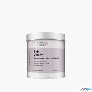 Supplement container labeled 'Skin Vitality' by Advanced Nutrition on a white background