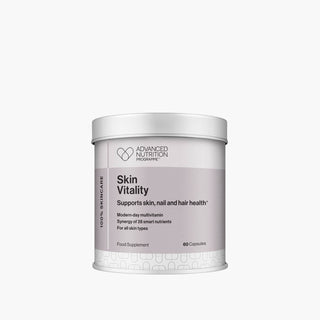 Supplement container labeled 'Skin Vitality' by Advanced Nutrition on a white background