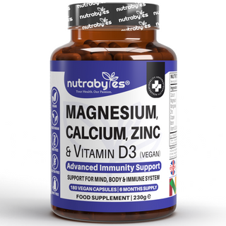 Magnesium, Calcium, Zinc & Vitamin D3 (Vegan D3) - Advanced Immunity Support, 6 Months Supply | Made in the UK