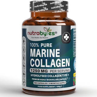 Pure Marine Collagen Supplement | 1250mg High Strength Collagen Capsules | Hydrolysed Marine Collagen Protein Peptides Type 1 | 180 Collagen Capsules | 3-month supply | Made in UK