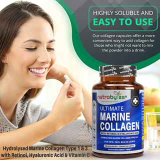 Marine Collagen Capsules Types 1 & 3 with Hyaluronic Acid & Vitamin C | 180 Capsules | 3-Month Supply | UK Made
