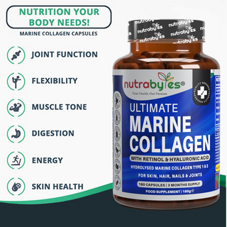 Marine Collagen Capsules Types 1 & 3 with Hyaluronic Acid & Vitamin C | 180 Capsules | 3-Month Supply | UK Made