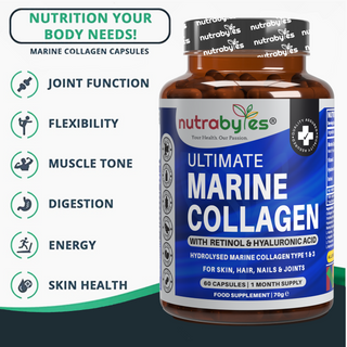 Marine Collagen Capsules Types 1 & 3 with Hyaluronic Acid & Vitamin C | 60 Capsules | 1-Month Supply | UK Made