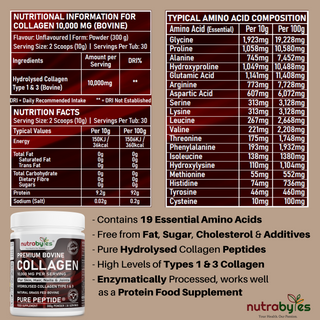 Premium Bovine Collagen Supplement Powder, 10,000 mg Pure Hydrolysed Collagen Peptides, Blended with 19 Amino Acids, Unflavoured Collagen Protein Powder Types 1 and 3, Halal & Kosher