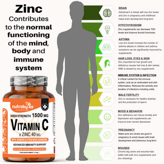 High Strength Vitamin C 1500mg and Zinc 40mg | High Strength Vegan Capsules | Advanced Immunity Support | Sugar free | 3 Months Supply | Made in the UK