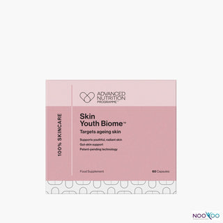 Box of Skin Youth Biome skincare supplement by Advanced Nutrition Programme on a light pink background.