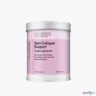 Pink supplement container labeled 'Skin Collagen Support' by Advanced Nutrition on a white background.