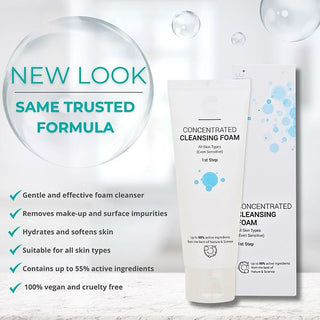 Cleansing foam product with packaging on a light background