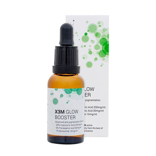 X3M Glow Booster bottle with dropper and packaging on a white background