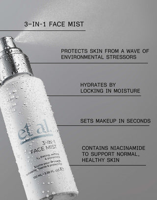 3-in-1 face mist bottle with text on a gray background