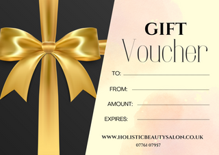 A gift voucher with a gold ribbon design on a black background. The voucher has spaces for 'To:', 'From:', 'Amount:', and 'Expires:' information.
