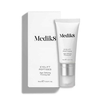 A product image showing Medik8 Eyelift Peptides age-defying firming gel in a white tube with a black cap, alongside its packaging box.