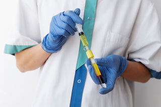 Person in a lab coat holding a syringe with a clear liquid, wearing blue gloves.