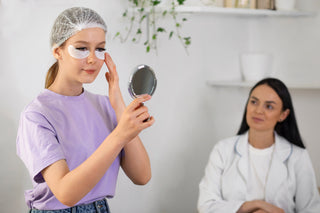 A young person receiving skin care advice from a salon professional, with the teen holding a small mirror.